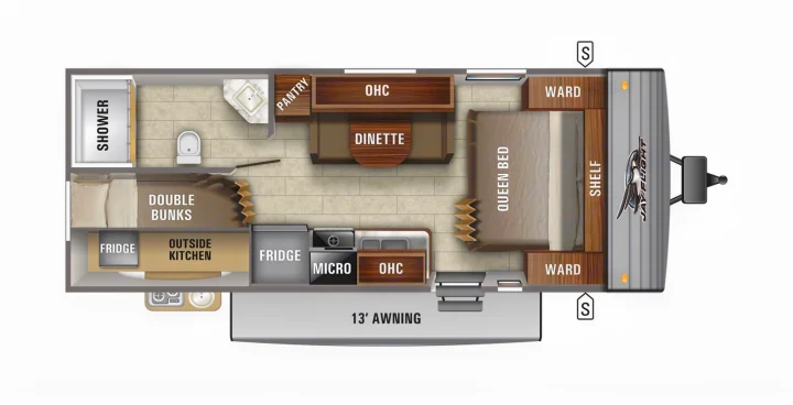 Explore this spacious travel trailer RV rental floor plan: queen bed, double bunks, full kitchen, bath, dinette, and 13' awning.. Jayco Jay Flight SLX 224BH 2022