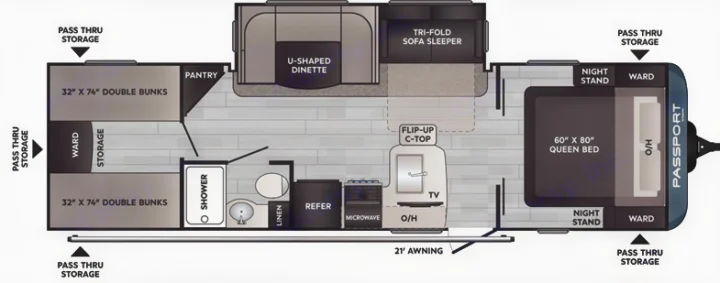 RV rental floor plan shows a family-friendly layout: queen bed, double bunks, U-shaped dinette, kitchen, and full bath.. Keystone RV Passport SL 2022