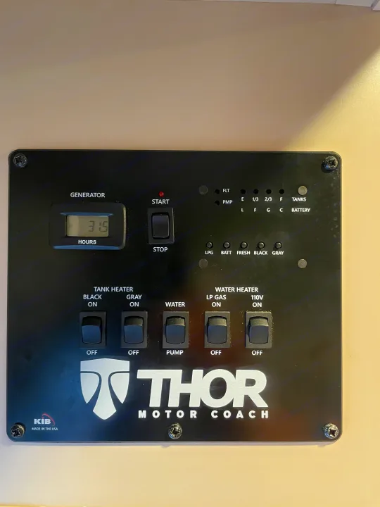 RV rental control panel: displays generator hours (31.5), tank/water heater switches, water pump, and tank/battery levels.. Thor Four Winds 2021