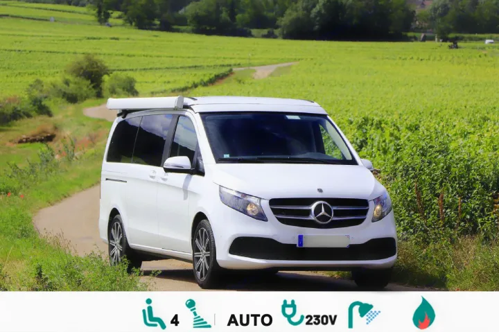 White Mercedes camper van for RV rental, parked in a vineyard. Seats 4, auto, 230V, shower, heat.. Mercedes Marco Polo 2022