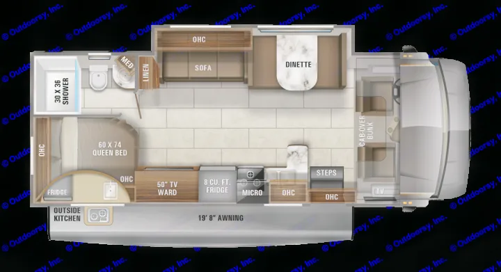 This RV rental floor plan illustrates a well-appointed interior with a queen bed, full bath, kitchen, dinette, sofa, and cab bunk.. Jayco Redhawk 2018