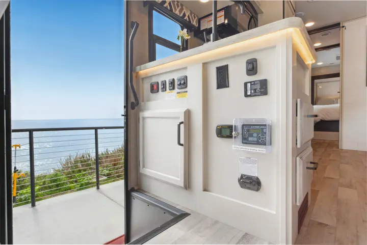 This RV rental offers stunning ocean views from its door, with a detailed interior control panel for leveling, power, and comfort.. Other Other 2022