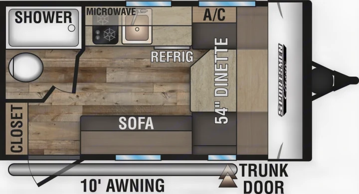 Sportsmen Classic RV rental floor plan. View shower, kitchen, dinette, sofa layout for your next adventure.. Sportsmen Classic 2022