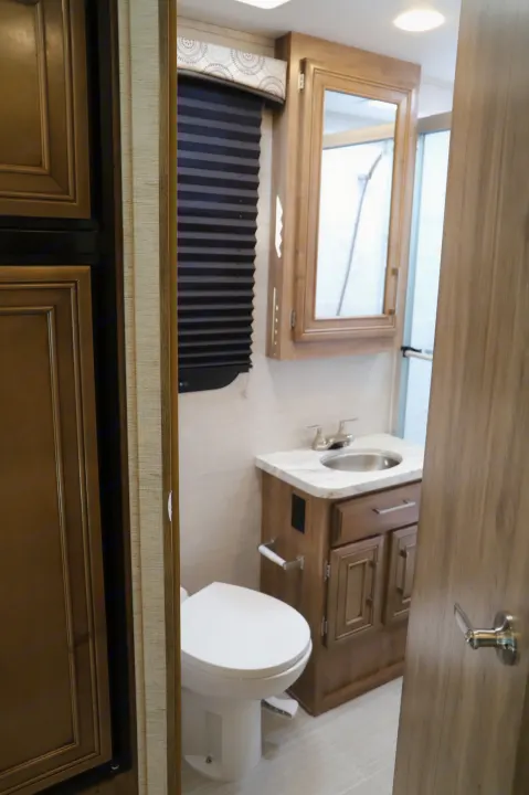 Experience comfort in this RV rental's bathroom, complete with a modern toilet, sink vanity, and wooden accents.. Entegra Coach Odyssey 2021