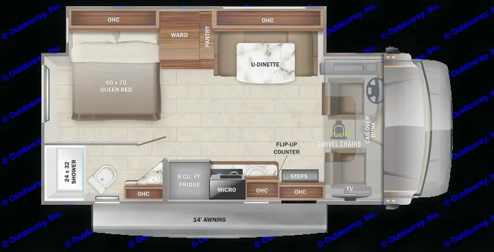 Explore this RV rental's detailed floor plan: queen bed, kitchen, bath, U-dinette, cab-over bunk. Perfect for road trips.. Jayco Melbourne 2022