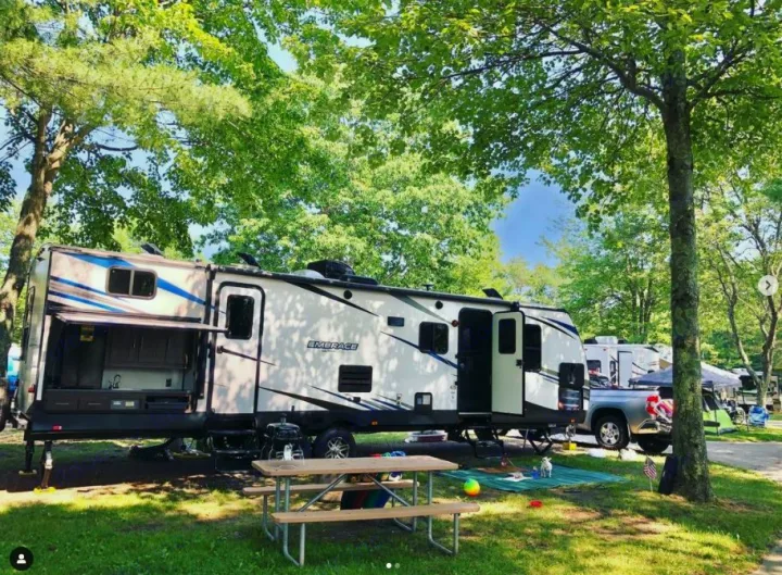 Spacious RV rental set up at a leafy campsite, complete with an outdoor kitchen, picnic table, and dog enjoying the nature.. Cruiser RV Embrace Ultra Lite 2019