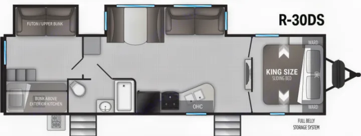 This RV rental floor plan (R-30DS) features a king sliding bed, futon/bunk, additional bunk, kitchen, and bath.. Cruiser Rv Corp Radiance 30ds 2021