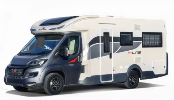 A contemporary white and dark grey motorhome, ideal for rv rental and road trips.. Roller Team T-line 700 2025