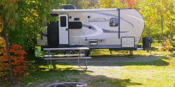 An RV rental parked at a serene campsite with a picnic table, a grill, and autumn trees, ready for adventure.. Forest River Rockwood Mini Lite 2020