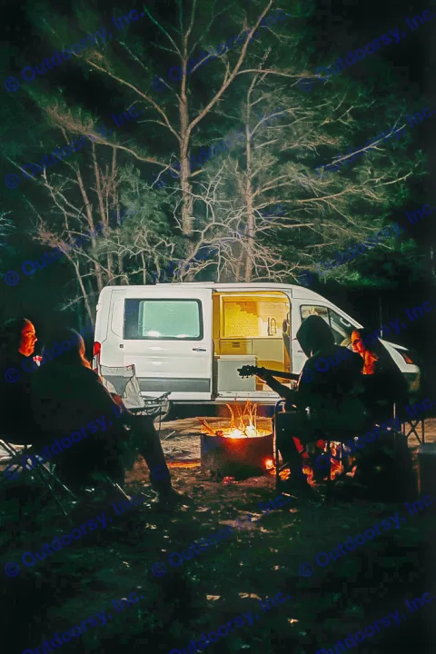 Night scene: Friends gathered around a bright campfire with a guitar, next to a cozy rv rental camper van.. Ford Transit 2019