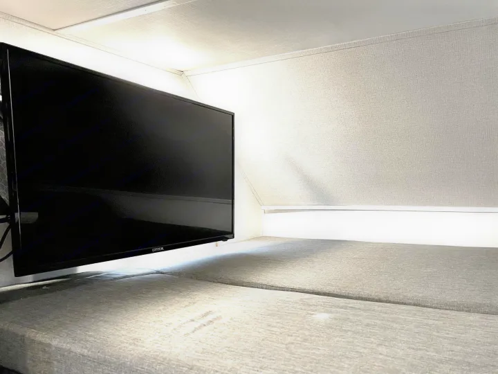 This rv rental features a wall-mounted TV above a cushioned sleeping area, providing entertainment and comfort in a compact space.. Forest River Forester 2020