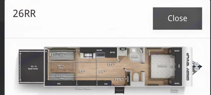 Detailed 26RR Grey Wolf RV rental floor plan, featuring a queen bed, kitchen, bath, dinette, and spacious toy hauler ramp area.. Forest River Cherokee 2021