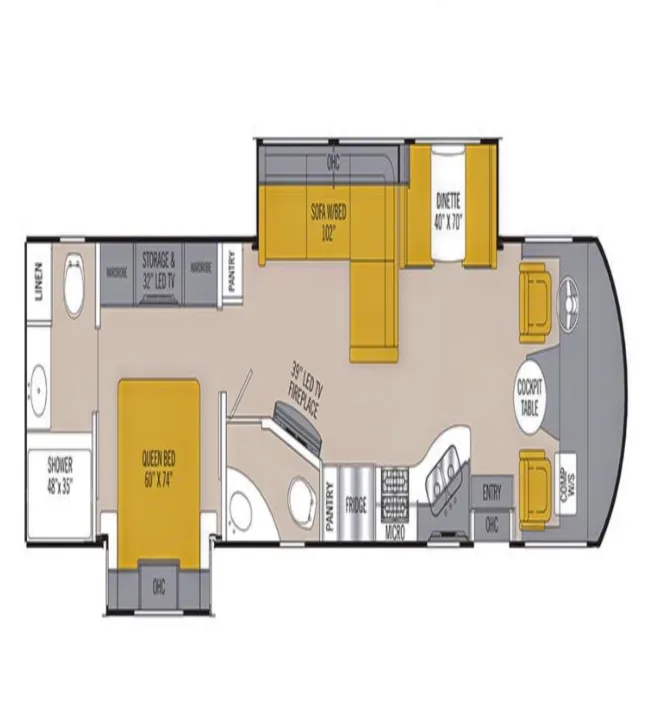 RV rental floor plan: Detailed layout of an RV with queen bed, bath, kitchen, sofa bed, dinette, and cockpit.. Thor Motor Coach Quantum GR 22 2020