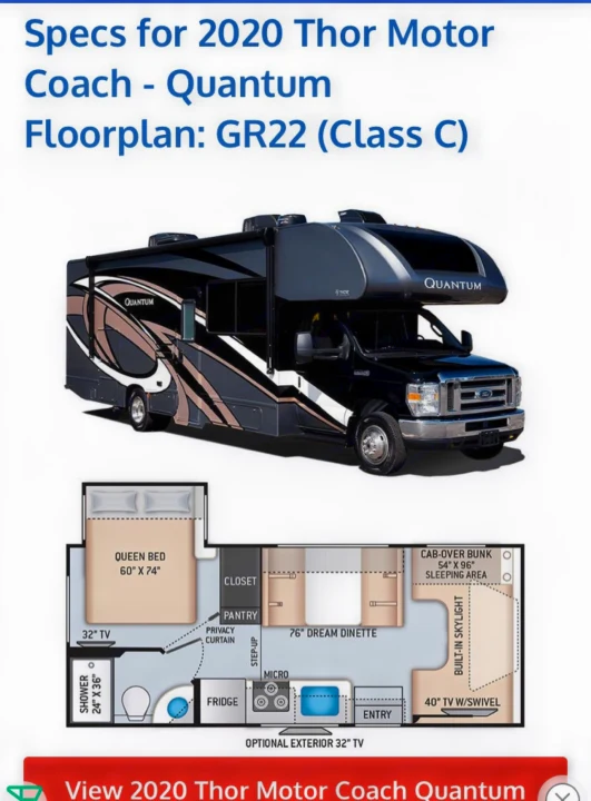 Specs & floorplan for a 2020 Thor Motor Coach Quantum Class C RV, a great option for your next RV rental.. Thor Motor Coach Quantum GR 22 2020