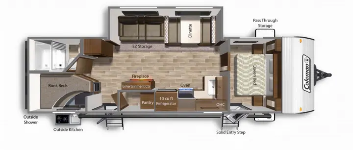 This Coleman travel trailer RV rental floor plan features a queen bed, bunk beds, kitchen, bath, dinette, and fireplace.. Dutchmen Coleman 2022