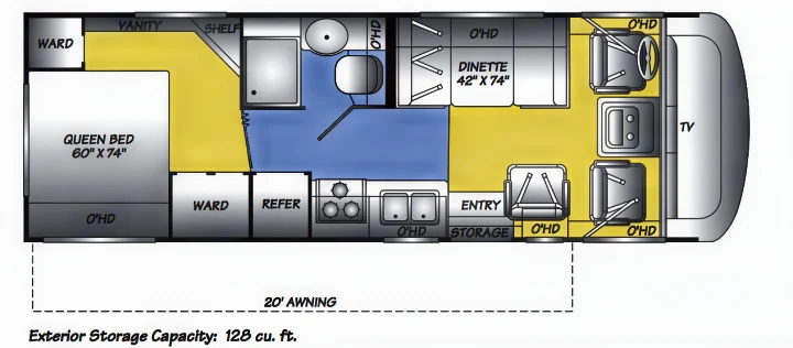This RV rental interior layout shows a queen bed, dinette, kitchen, bathroom, and driver's area, with exterior awning & storage details.. Fleetwood Other 2007
