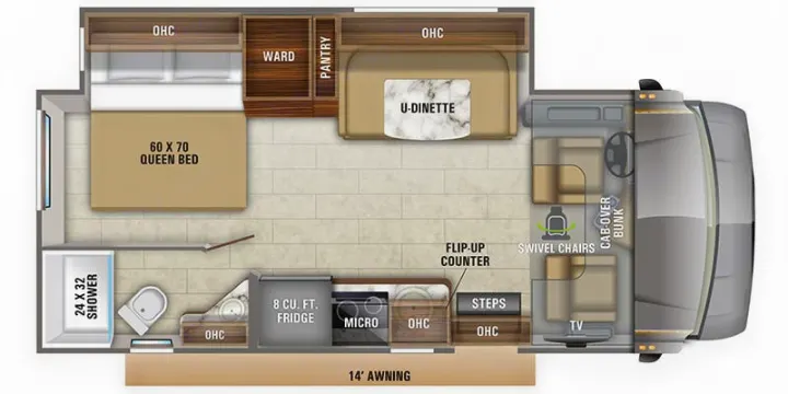 RV rental interior plan: Queen bed, kitchen, bath, U-dinette, swivel chairs, and cab-over bunk.. Jayco Melbourne 2020