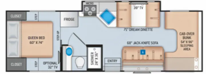 RV rental floor plan: Queen bed, kitchen, bath, dinette, sofa, and cab-over bunk shown. Spacious layout.. Thor Magnitude 2022