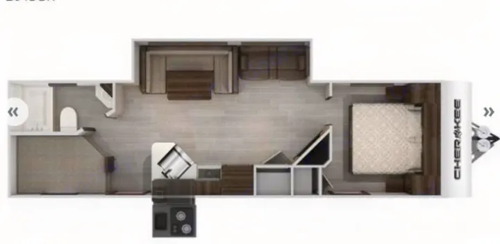 Overhead RV rental floor plan. Shows interior layout: spacious living area, kitchen, bathroom, master, and rear sleeping quarters.. Forest River Cherokee 2021