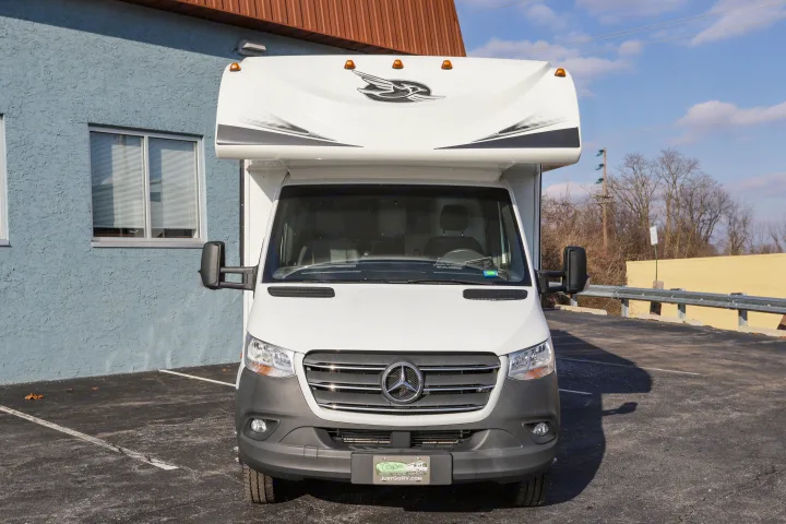 Front of a white Mercedes-Benz camper van RV, parked on asphalt. Ideal for rv rental.. Jayco Melbourne 2020