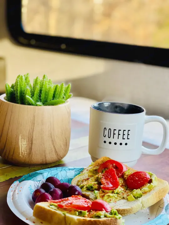 RV rental breakfast: Steaming coffee, avocado toast with tomatoes & grapes. A cactus plant nearby offers a serene start.. Dutchmen Aspen Trail 2022