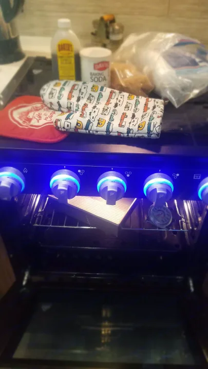 3 burner stove w/ oven Thermometer in oven. Takes some finesse to cook in a small oven but I've baked luscious blueberry buckle and more in there.. Keystone RV Cougar 2020