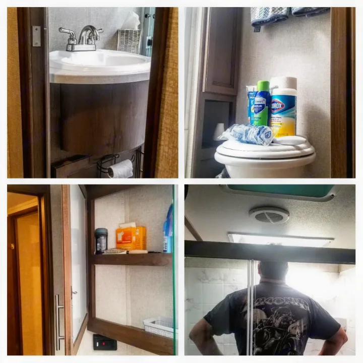6gal electric/propane hot water 
when both heat sources are used  you can get a good shower. Towel storage & rails
Bathmat, tp*, tank tabs supplied. Keystone RV Cougar 2020