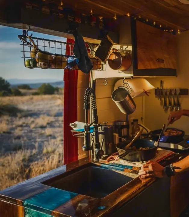 Cozy RV rental kitchen with a scenic view, perfect for cooking delicious meals while exploring the outdoors.. Dodge promaster 3500 2018