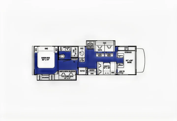 Detailed RV floor plan for an rv rental, showcasing sleeping areas (queen bed, bunks), kitchen, and bathroom. Shows a compact, versatile layout.. Forest River Sunseeker LE 2018