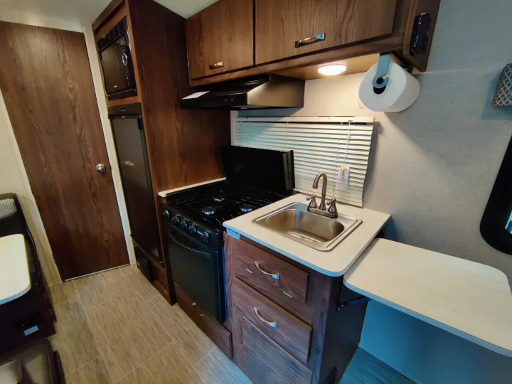 Compact RV rental kitchen: microwave, fridge, stove, sink with extendable counter. Features dark wood-look cabinets & light flooring.. Forest River Geo Pro 2018