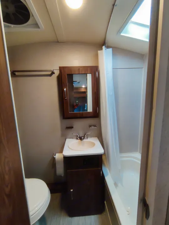Compact RV rental bathroom with sink, toilet, shower/tub combo, and overhead skylight.. Forest River Geo Pro 2018