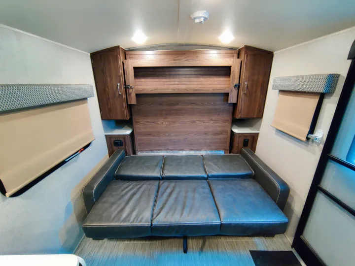 Comfortable RV rental living area featuring a convertible sofa, wall bed system, and storage cabinets.. Forest River Geo Pro 2018
