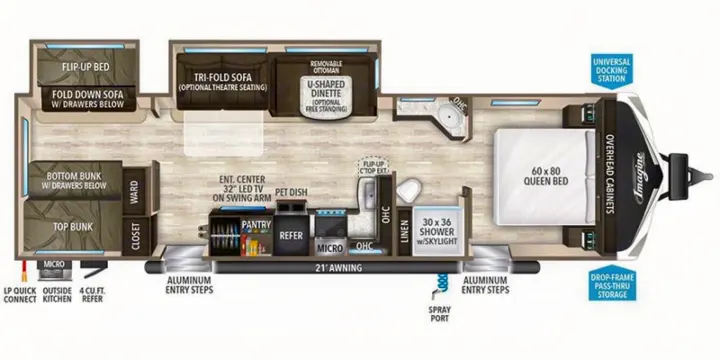 Detailed RV floor plan for an rv rental, featuring bunk beds, queen bed, kitchen, and living spaces. See full layout.. Grand Design Imagine 2018