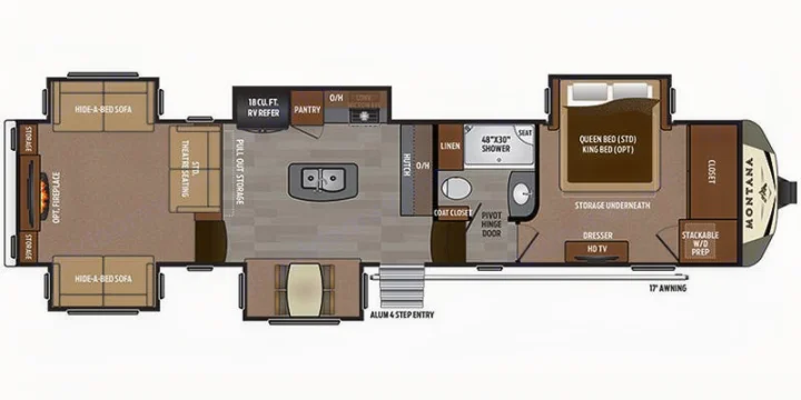 Explore this RV rental's spacious Montana floor plan: front bedroom, mid-bath, and rear living/kitchen with fireplace and island.. Keystone Montana 2017