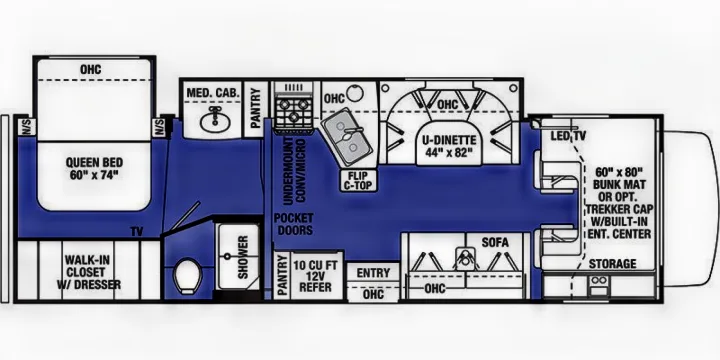 Detailed RV rental floor plan featuring a queen bed, kitchen, bath, U-dinette, sofa, and optional bunk area.. Forest River Forester 2020