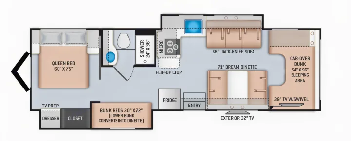 RV rental interior layout: a detailed floor plan with queen bed, bunks, kitchen, bath, and living spaces.. Thor Motor Coach Freedom Elite 2019
