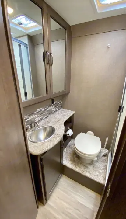 This RV rental shows a full, compact bathroom with a modern sink, vanity, mirrored cabinet, and toilet. Functional design.. Thor Motor Coach Freedom Elite 2019