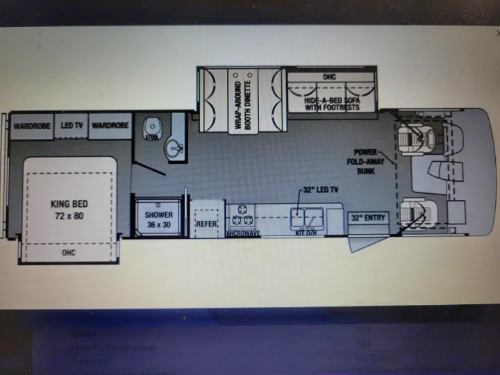 Detailed RV floor plan, ideal for **rv rental** planning, featuring a King bed, kitchen, bath, sofa, dinette, and bunks.. Forest River Fr3 2015