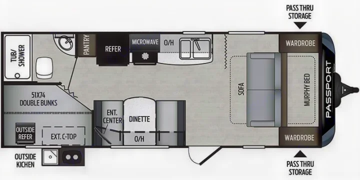 RV rental floor plan: Passport travel trailer showing kitchen, bath, bunks, dinette, Murphy bed, and storage.. Keystone RV Passport Express 2019