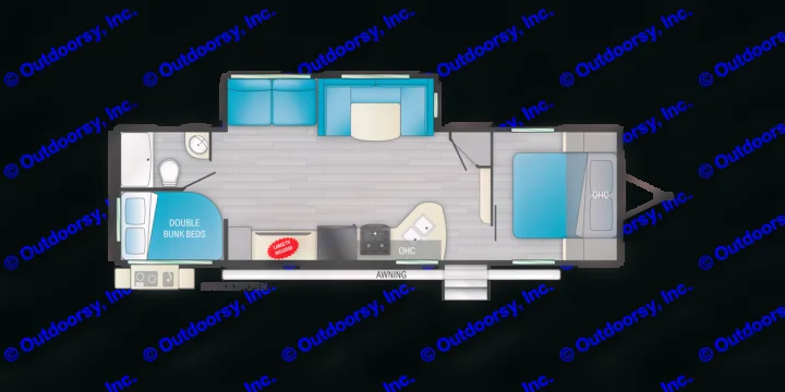 RV rental floor plan: Overhead view of RV interior layout featuring bedroom, double bunk beds, bathroom, kitchen, and living area.. Heartland Pioneer 2022