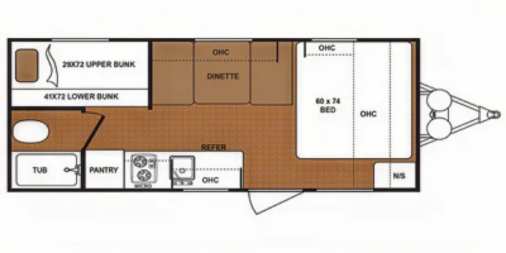 RV rental floor plan: A detailed diagram of a travel trailer's interior, including bed, bunks, kitchen, and bathroom layout.. Dutchmen Other 2018
