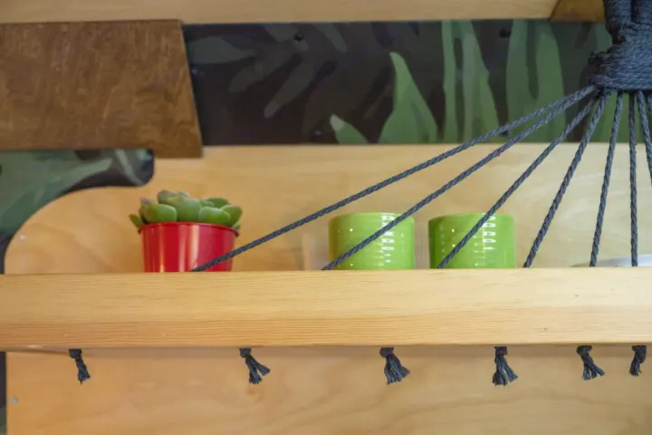 RV rental decor featuring a wooden shelf with a succulent, green cups, and stylish rope accents over a leafy wall.. RAM ProMaster 2021