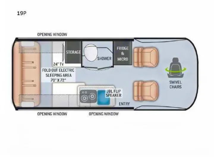 This RV rental floor plan, model 19P, details the camper's layout with a fold-out sleeping area, kitchen, shower, and swivel chairs.. Thor Sprinter 2022