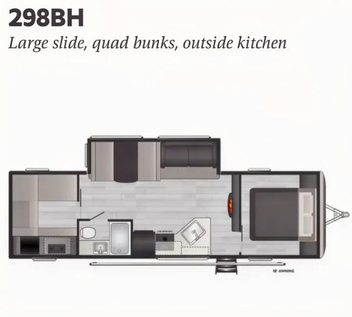 This 298BH RV rental floor plan shows its top-down layout: large slide, quad bunks, master bed, & outside kitchen for your trip.. Keystone RV Springdale 2021