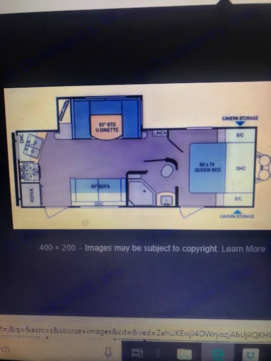 RV rental floor plan details a travel trailer interior: queen bed, U-dinette, sofa, kitchen, and bathroom areas.. Coleman Coleman 2014