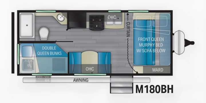 M180BH RV rental floor plan: compact travel trailer with full bath, double bunks, kitchen, & queen Murphy bed.. Heartland Mallard 180BH 2022