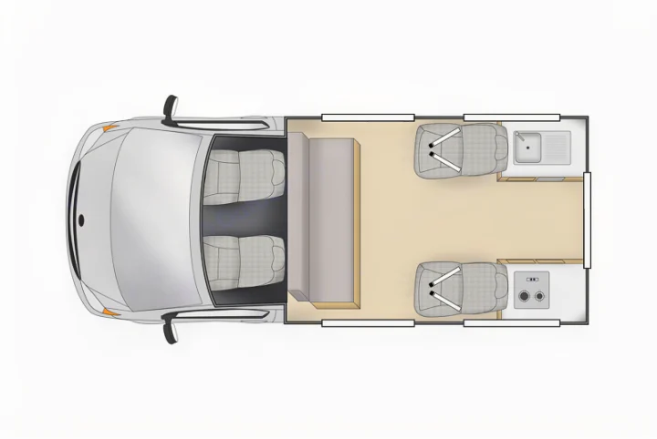 RV rental: Overhead floor plan of a camper van. Shows front cab, central bench, rear seating, and kitchen amenities (sink, cooktop).. Toyota Hiace 2013