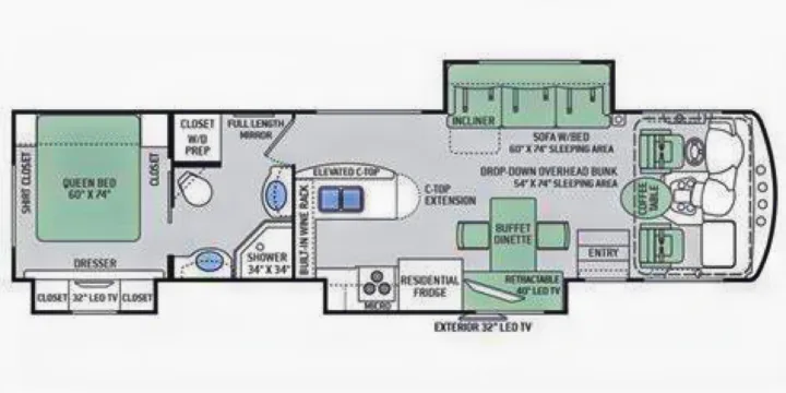 This RV rental floor plan details a spacious motorhome layout with a queen bed, sofa bed, dinette, kitchen, shower, and ample storage.. Thor Challenger 2015