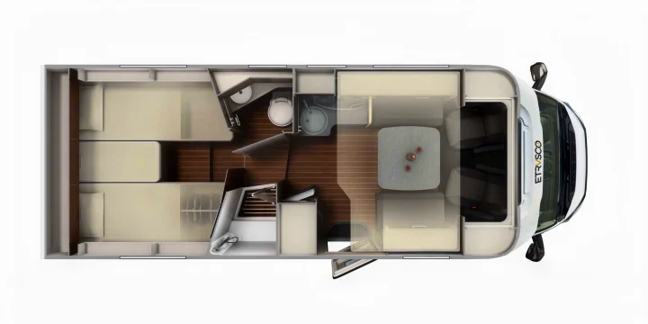 Overhead view of an RV rental interior floor plan, detailing beds, a compact kitchen, bathroom, and dining space.. Etrusco Etrusco T7400SBC 2021