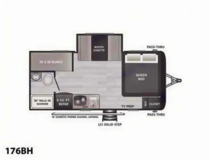 This RV rental floor plan (176BH) details a layout with queen bed, bunks, dinette, kitchen, and walk-in shower for a comfortable trip.. Keystone RV Hideout 2021